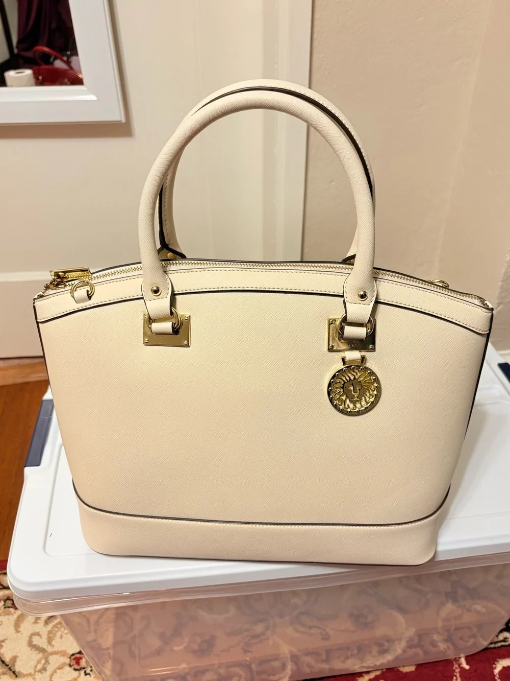 NWOT Anne Klein Cream Structured Dome Satchel Handbag with Gold Medallion